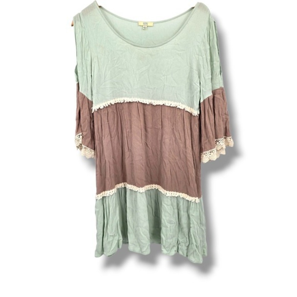 Kori America Mint Green Brown Colorblock Tunic Dress‎ Lace Trim Boho Womens L